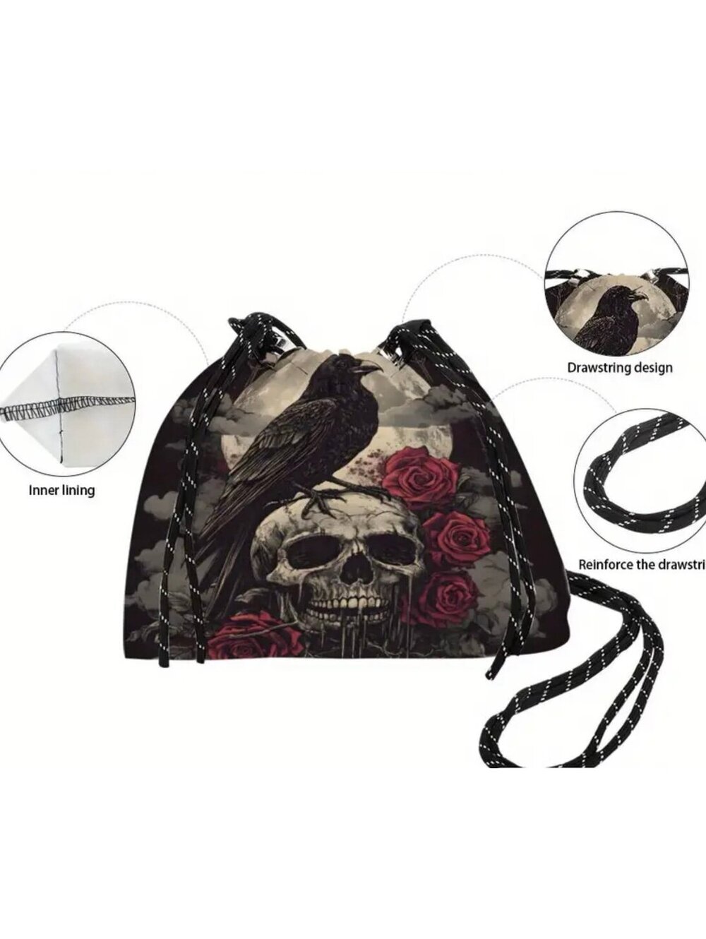 New - Vintage - Skull & Raven w/Roses Design Drawstring Crossbody /Shoulder Bag - Picture 3 of 5